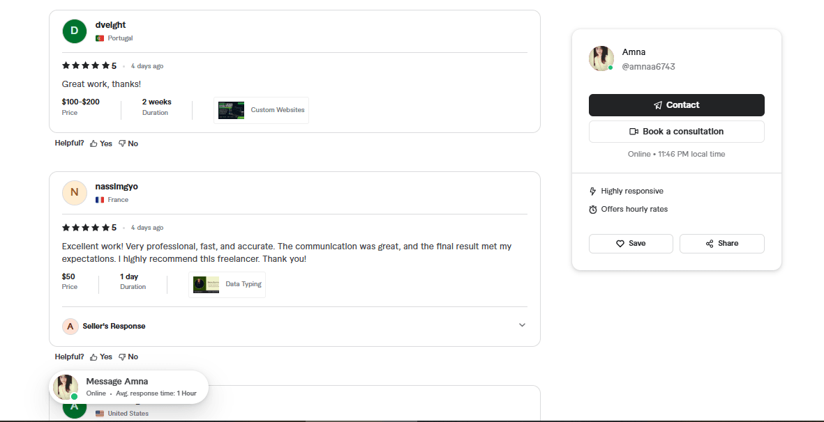 Fiverr reviews from clients dveight in Portugal and nassimgyo in France, both five stars, for custom websites and data typing.